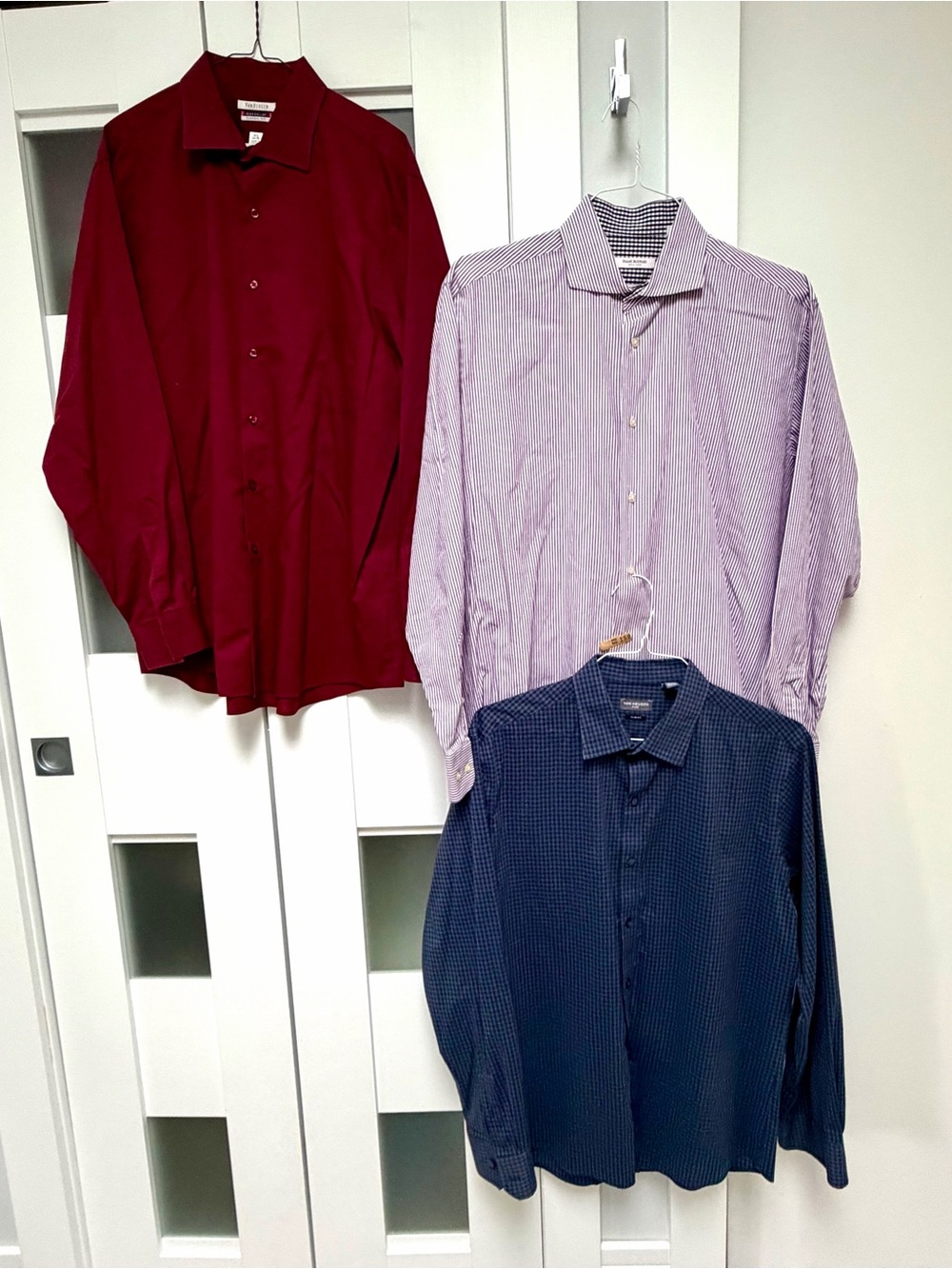 Three Men's Large Long-Sleeve Dress Shirt - Red, Light Purple Striped & Navy